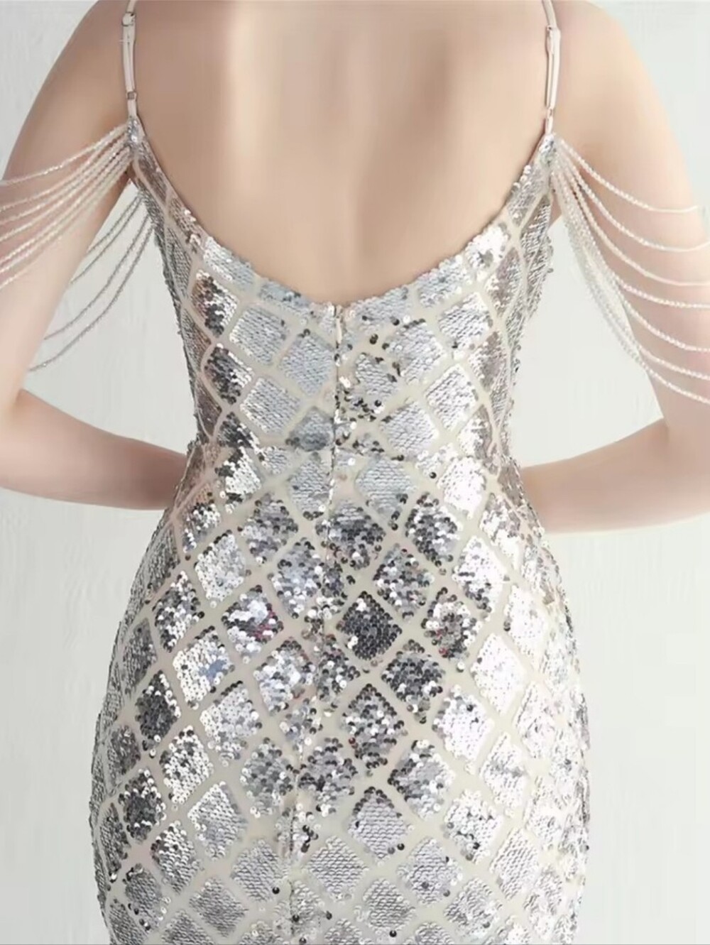 Silver Sequin Evening Gown with Illusion Sleeves - Picture 7 of 15